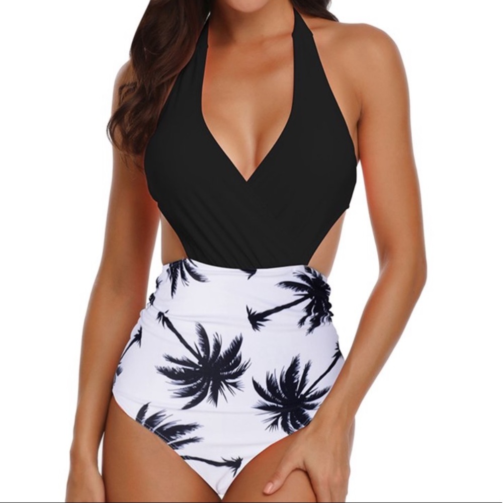 Black and White Palm Tree Deep V Swimsuit - 2XL
